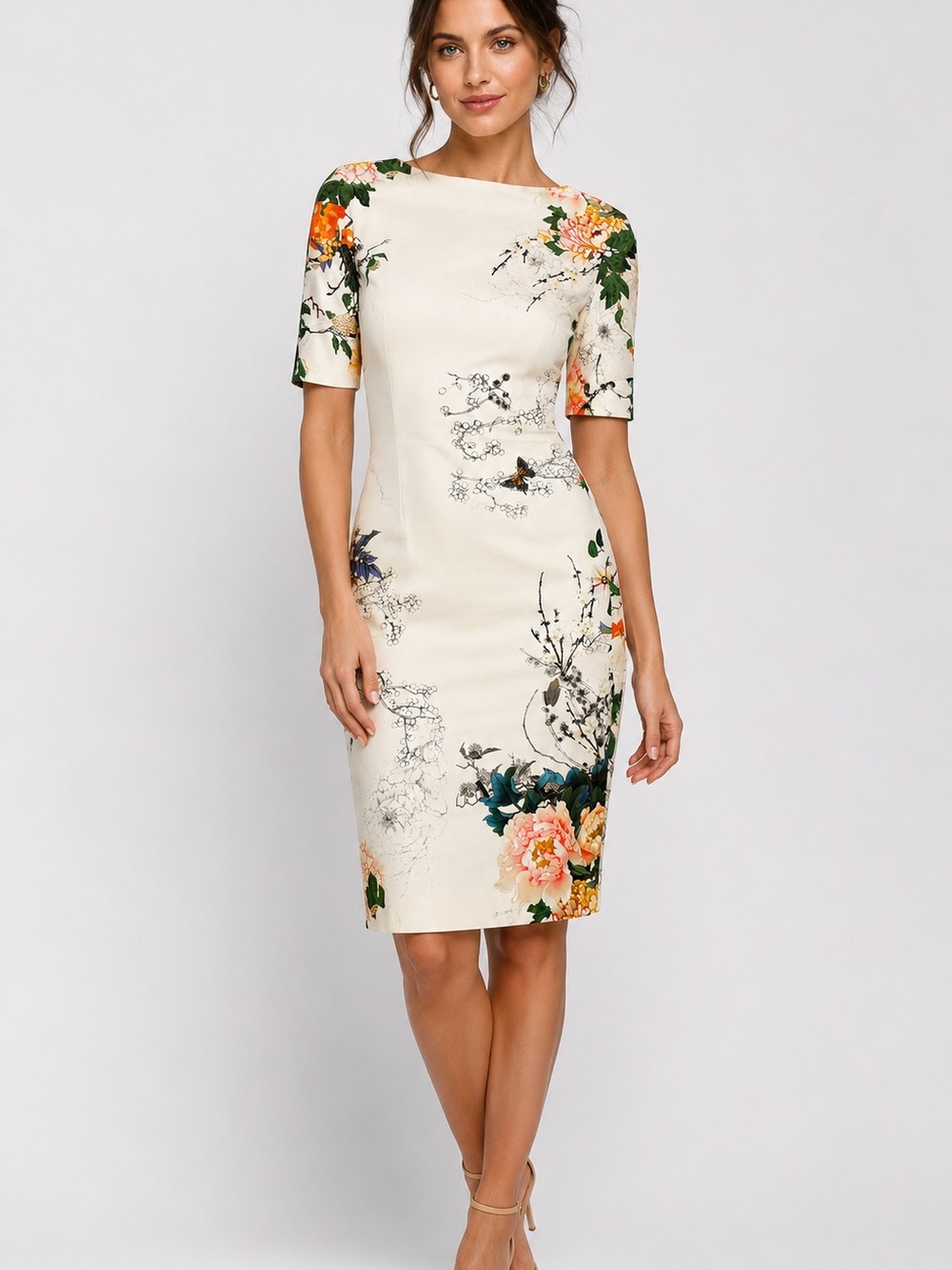 Zara Woman XS Floral Butterfly Print Sheath Dress Cream Midi Short Sleeve